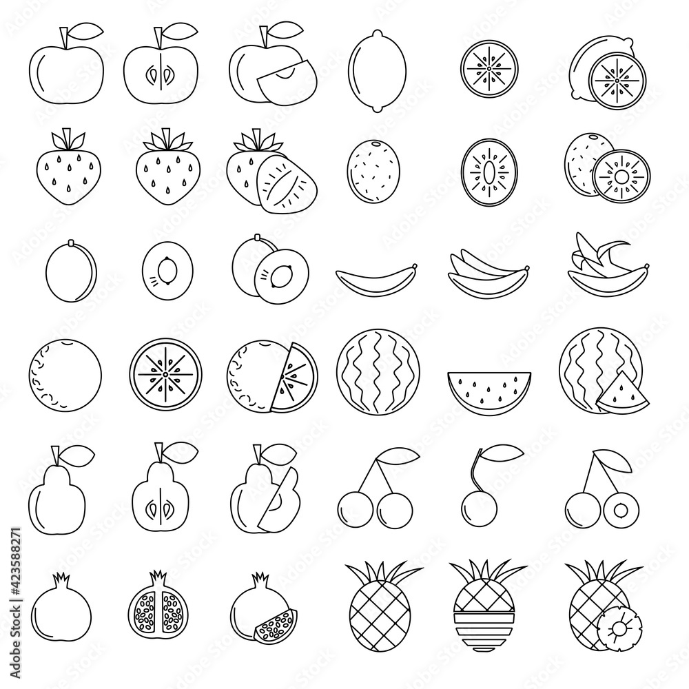 Fruits icons set, collection of linear contour.symbols with whole and halved fruits for design Fruits icons set, collection of linear contour.symbols with whole and halved fruits for design