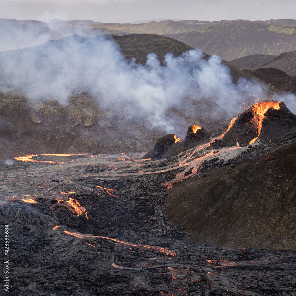 A small volcanic eruption in Mt Fagradalsfjall, Southwest Iceland, in March 2021. The eruption occurred on the Reykjanes peninsula, only about 30 km away from Reykjavík.