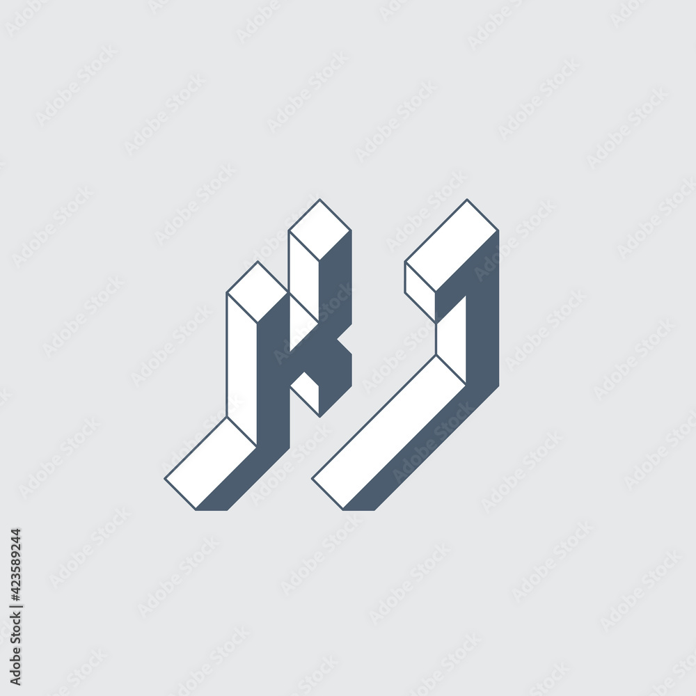 KJ - 2-letter code. K and J - Monogram or logotype. Isometric 3d font for design. Three-dimension letters.