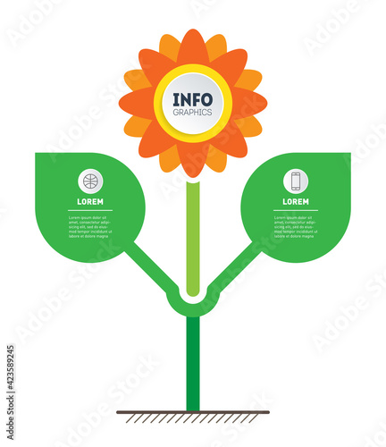 Development and growth of the eco business or green technology. Business concept with two steps or processes. Vertical infographics or timeline with 2 options. Stylized plant with leafs and flower.