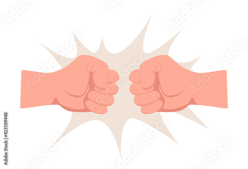 Two human fists punching, bumping each other vector flat illustration isolated on white background. Conflict, confrontation, competition, struggle, resistance concept.