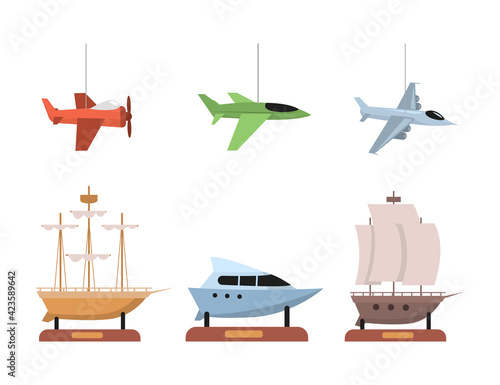 Set of planes and boats vector flat illustration isolated on white background. Colorful collection of different airplanes, jets, ships, and yachts. Collecting, children toys, home decoration elements.