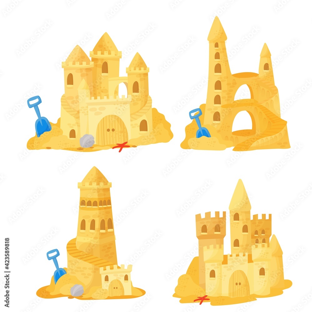 Sand castle on the beach. A set of buildings on the beach, games on the coast. Vector illustration isolated on white background. Sand castle on the beach. A set of buildings on the beach, games on the coast. Vector illustration isolated on white background.