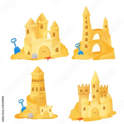 Sand castle on the beach. A set of buildings on the beach, games on the coast. Vector illustration isolated on white background.