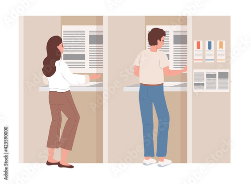 Man and woman make political choice for their candidate and vote for politicians at voting station vector flat illustration. Political elections, election campaign. People making civil obligation.