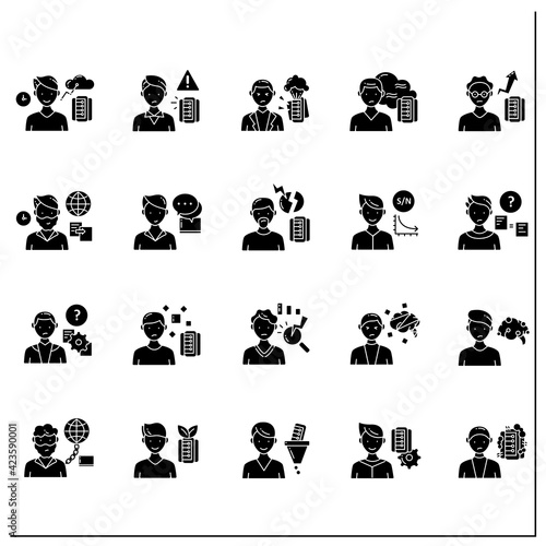 Information overload glyph icons set. Consists of information age, data smog, info pollution and ecology, internet aition etc. Filled flat signs. Isolated silhouette vector illustrations