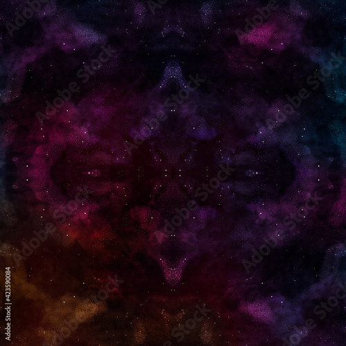 Blue, violet, pink and orange watercolor drawing of night sky with stars.  Cosmos and universe backround. Effect of a kaleidoscope.