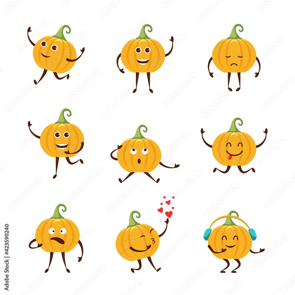 Fototapeta premium Collection cartoon funny pumpkin different emotions. Design elements for print, party decoration, illustration, sticker.