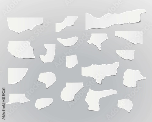 Collection different shapes torn paper pieces. Set of ripped paper sheets. Template for notes, banners, scraps, advertising.
