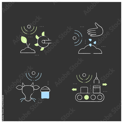 Smart farm chalk icons set. Consist of products packing, planting seeds, soil tilling, feeding livestock.Agricultural innovation concepts. Isolated vector illustrations on chalkboard