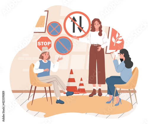 Group of happy smiling women learning driving theory, road signs, traffic rules vector flat illustration. People preparing for exams for driver license. Driving school for women only concept.