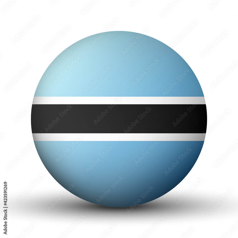 Glass light ball with flag of Botswana. Round sphere, template icon. National symbol. Glossy realistic ball, 3D abstract vector illustration highlighted on a white background. Big bubble Glass light ball with flag of Botswana. Round sphere, template icon. National symbol. Glossy realistic ball, 3D abstract vector illustration highlighted on a white background. Big bubble