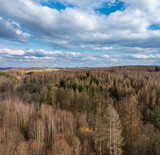Aerial view over forests and meadows of Westerwald, Altenkirchen, Germany