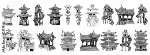 Set of Garden decoration of Classic Asian religious Chinese cultural and spiritual architecture. Traditional Zen-like, peaceful hand drawn décor. Vector.