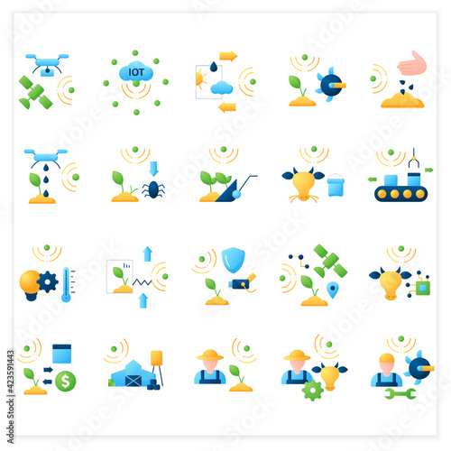 Smart farm flat icons set. Consist of weather tracking, drones photograph, irrigating land, pests and weeds elimination.Agricultural innovation concepts.3d vector illustrations