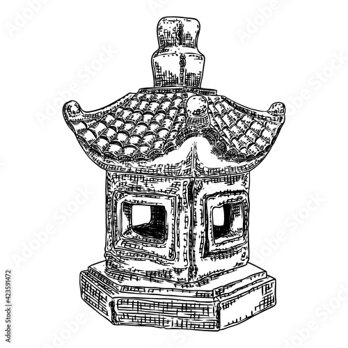 Japanese street lamp. Traditional Asian lantern. Garden stone lamp. Ancient Buddhist Toro light decoration replicating pagoda. Light basket or tower for garden ornaments in Japan. Vector.