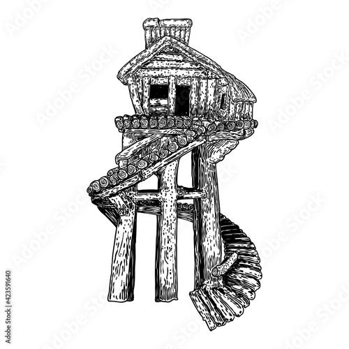 Tree house for living in jungles. Fantasy house on stilts made of wood for living on water. Summer camp vacation kids cabin. Rural bungalow for hunters. Forest shack or booth. Vector.