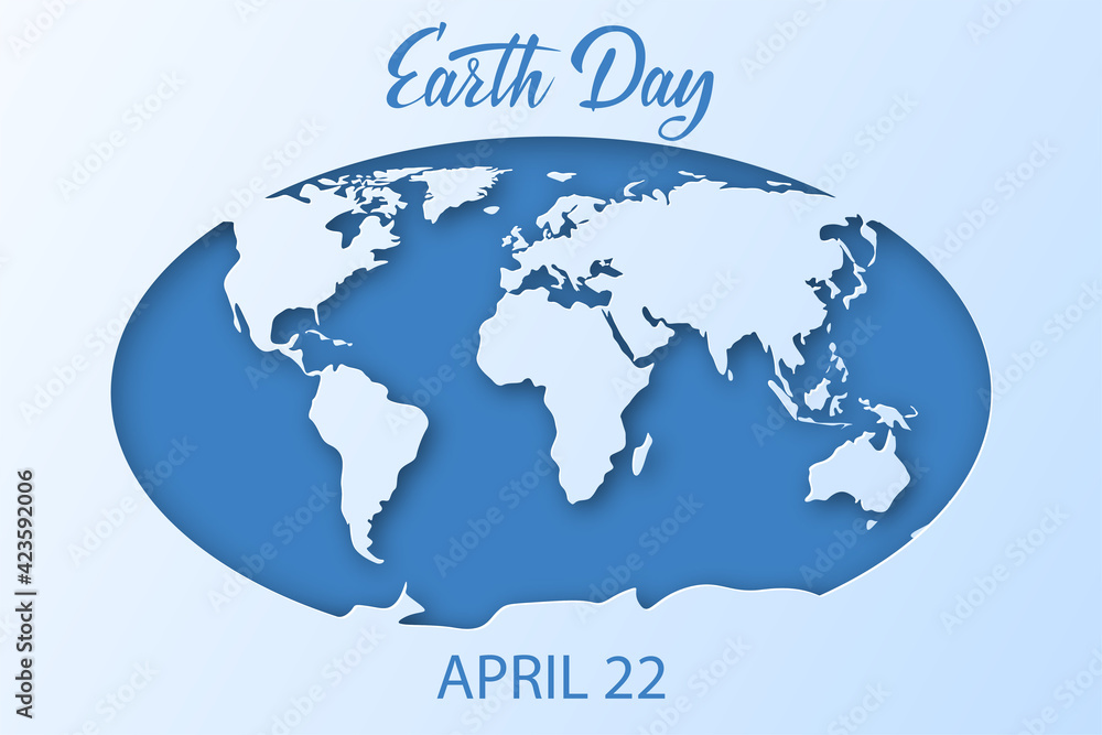 Eart day background. White and blue World map of planet Earth with oceans and continents. 3d paper cut banner, poster design. Vector illustration. Eart day background. White and blue World map of planet Earth with oceans and continents. 3d paper cut banner, poster design. Vector illustration.
