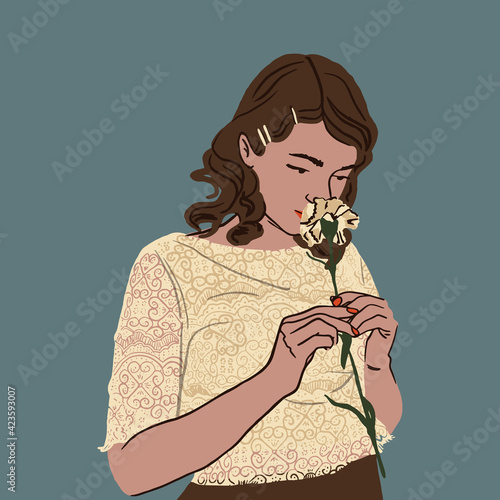 Young woman sniff flower. Cute girl wears vintage Lace top, retro hairstyle and holds a clove. Hand drawn vector illustration in flat style and retro colors palette