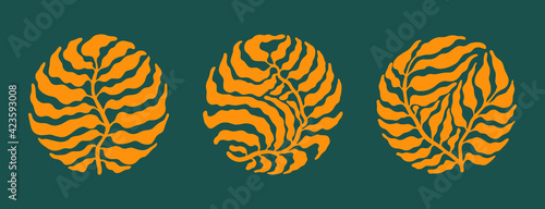 Set with round modern minimalist aesthetic gold leaf boho prints in mid century style on green background.  Trendy vector logo for social networks, retro style web design.