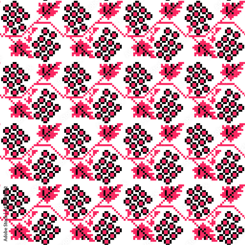 Embroidered folk style ukrainian viburnum seamless pattern red black on white design element stock vector illustration for web, for print, for fabric print