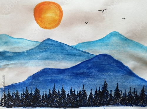 Blue moutains landscape - watercolor pencils art