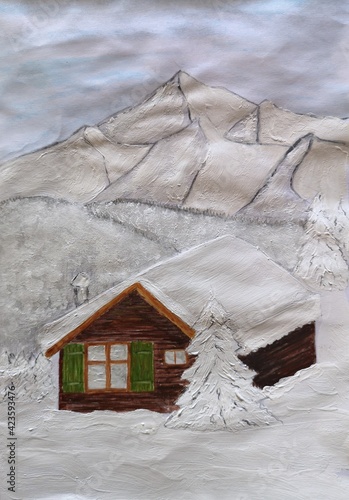 Mountains silhouettes and wood cabin - painted with acrylic colors