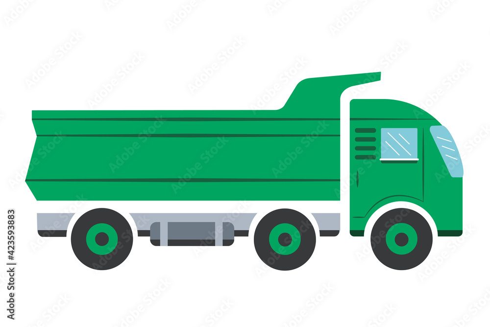 Fototapeta premium Freight transport, dump truck illustration in green. Flat vector illustration. Suitable for use on websites, advertising brochures, decorations, book illustrations. 