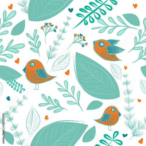 Wallpaper Mural A seamless background. Simple green leaves with decorative birds . Vector illustration Torontodigital.ca