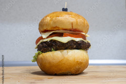 Homemade grilled hamburger on plate with white background. Homemade Beef Burger. Homemade Beef Burgers. Homemade beef burgers with cheese