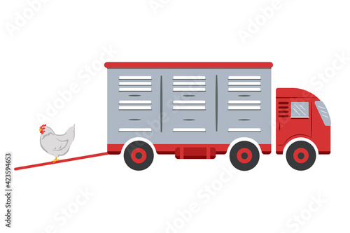 Truck for transporting agricultural poultry. Colored illustration in red and gray. Suitable for the design of articles, websites, on the agricultural topic.