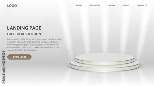 Landing page website template with round scene for product. Podium in white background with gold lines and light lights. Vector illustration concept of web page design for website. Landing web page.