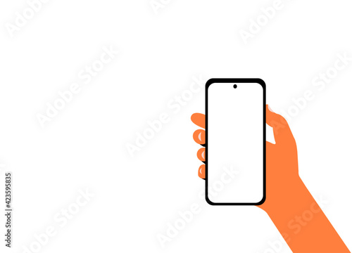 Woman hand holds smart phone with white screen. Hand showing new smart phone with blank screen. Vector drawing EPS 10