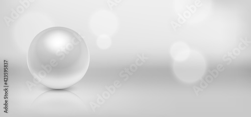 Vector 3d Realistic Beautiful Natural White Pearl Closeup with Reflection on Blurred Background. Design Template of for Graphics. Cosmetic, Jewelry Concept. Front View