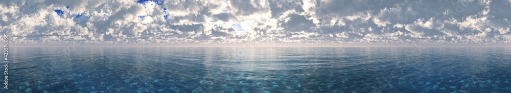Panorama of the ocean at sunrise, sea and clouds, 3D rendering