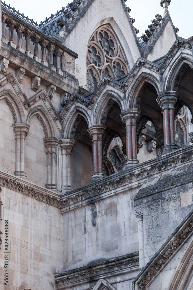 London, UK - February 23, 2021:  Royal Courts of Justice at Fleet Street called the Law Courts. Facade architectural detail