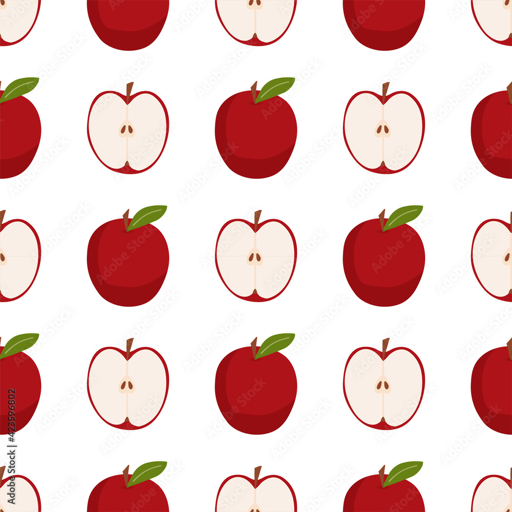 Seamless pattern with apples fruit and its half on a white background. Healthy natural food, vitamins. Organic, eco. Drawn by hands. It can be used for printing on textiles, wallpapers Seamless pattern with apples fruit and its half on a white background. Healthy natural food, vitamins. Organic, eco. Drawn by hands. It can be used for printing on textiles, wallpapers