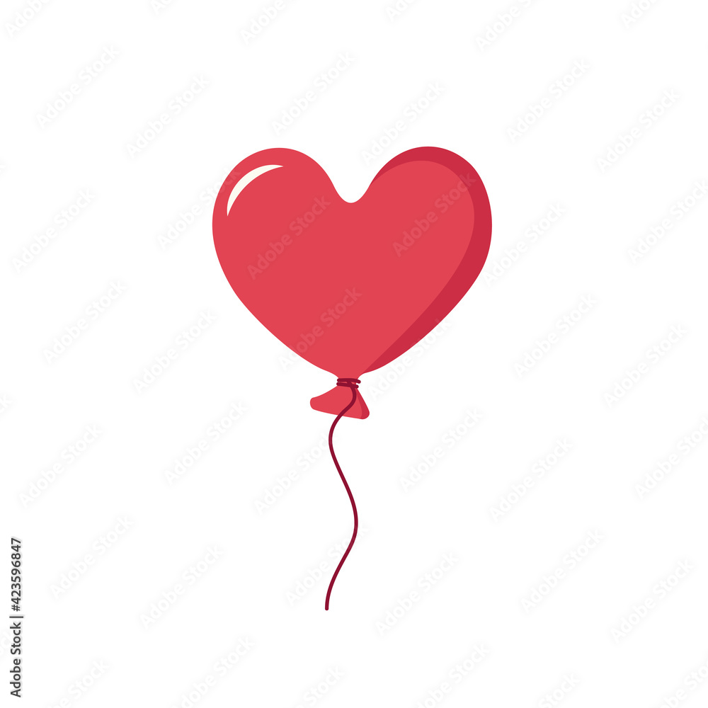 Heart-shaped red balloon. Icon and decoration for Valentine Day, wedding, holiday. Vector flat illustration on white background