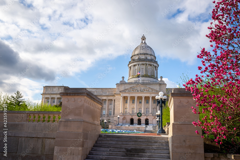 A view towards dome of Kentucky State Capitol Building from the staircases of the garden in front of it