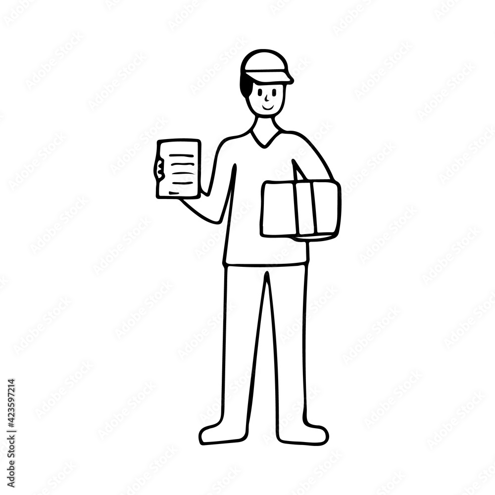 Doodle illustration of courier holding box. Hand drawn courier illustration with box. Courier delivery concept with drawn courier and box