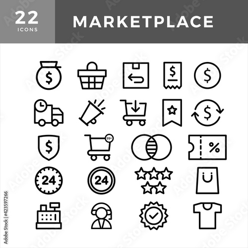 Ecommerce line icons. Outline symbols collection. Vector thin line icons set. Marketplace icon set include market, marketplace, shop, store