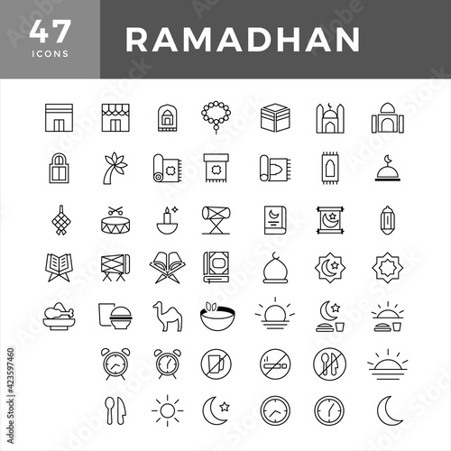 islamic icon with thin line style, use for islamic event or pictogram assets, ramadhan kareem, ied mubarak. Islamic Line Art Icons Set. Ramadan Kareem Line Vector Icons.