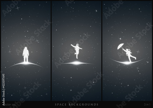 Astronaut in space. Flying cosmonaut silhouette set. Man with umbrella