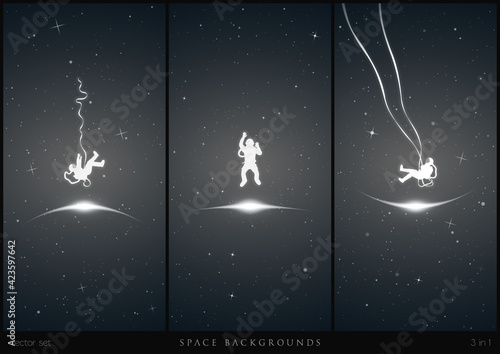 Astronaut in space. Falling cosmonaut. Man on swing. Glowing outline