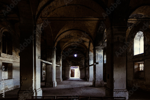 Interior of dark creepy abandoned lutheran church of the Virgin Mary