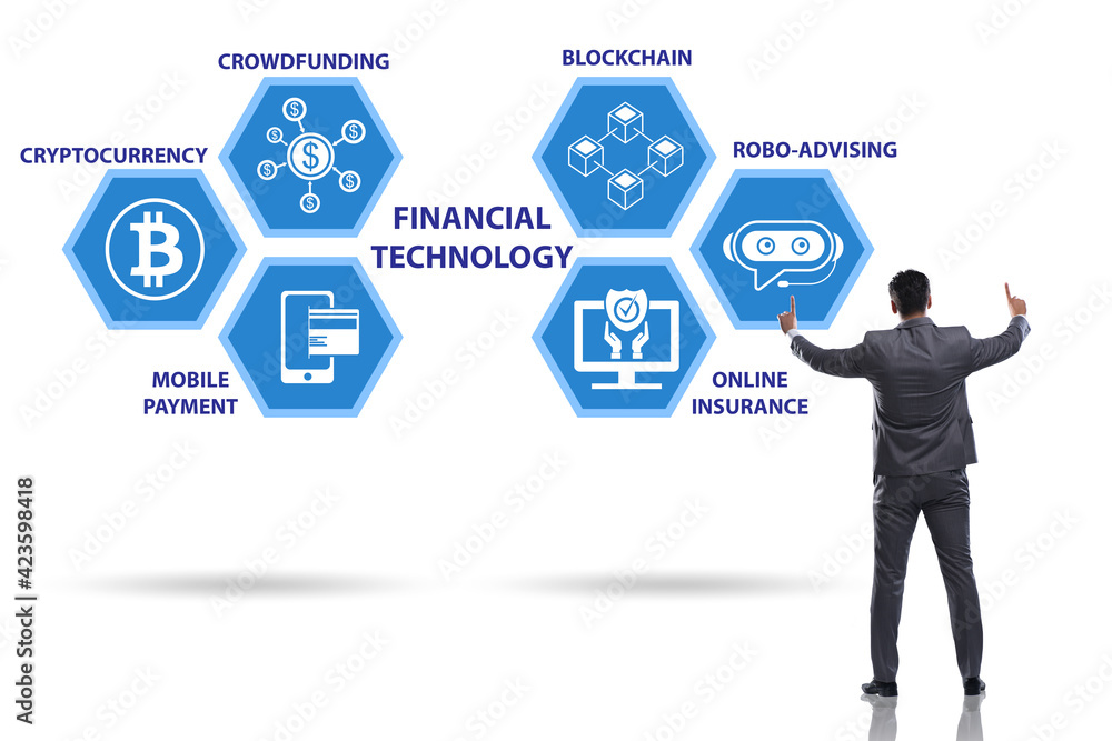Financial technology concept with businessman pressing button Financial technology concept with businessman pressing button