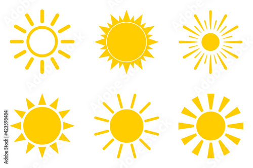set of yellow orange sun isolated on white background. A symbol of rest, heat, vacations.