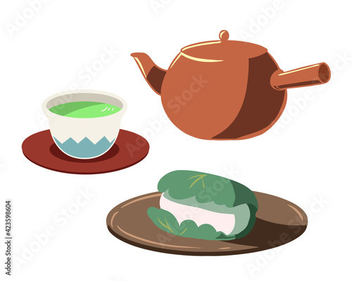 お茶　急須　柏餅　白　線無し