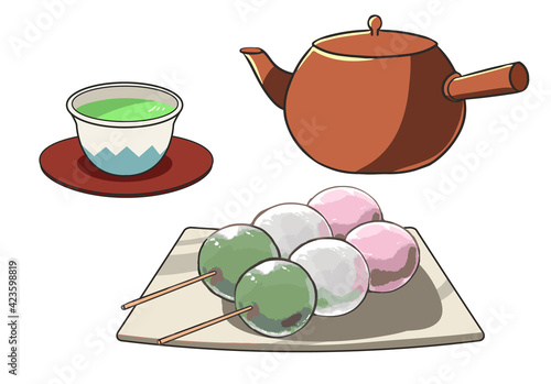 お茶　急須　3色団子