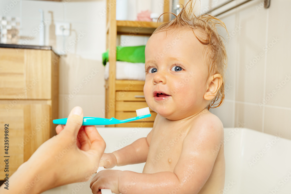 Learning to use toothbrush, blond toddler portrait Learning to use toothbrush, blond toddler portrait